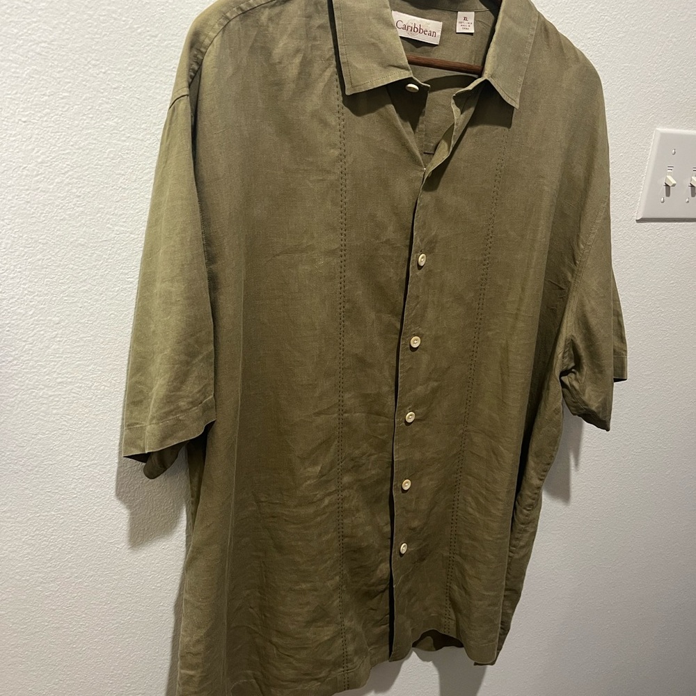 CARIBBEAN 100% LINEN MEN’S GREEN KHAKI BUTTON DOWN SHORT SLEEVE SHIRT SIZE XL - Picture 4 of 10
